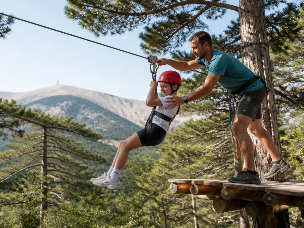 Famille franchissant un parcours d’accrobranche au mont Ventoux