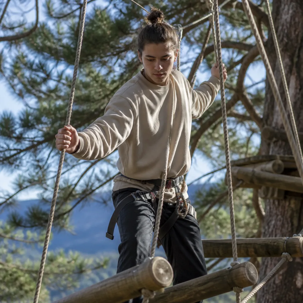 Parcours d’accrobranche à Mormoiron avec participants équipés de casques et harnais