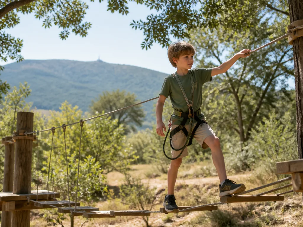 Jeune enfant découvrant un parcours d’accrobranche adapté à son âge