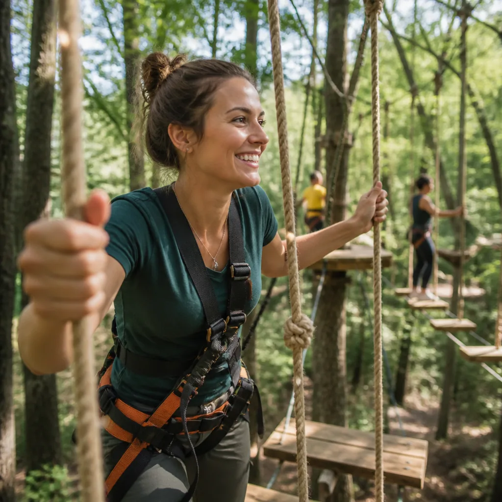 Famille sur un parcours d’accrobranche dans une forêt du Vaucluse
